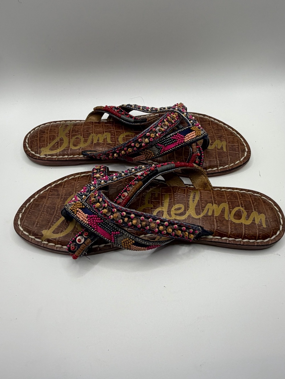 Sam Edelman Hand-Beaded Bohemian Style Brown Leather Thong Sandals - Picture 2 of 6